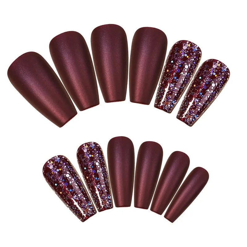 Wine Red Glitter Press-On Nails Crystal Finish L Size – 24 Pcs