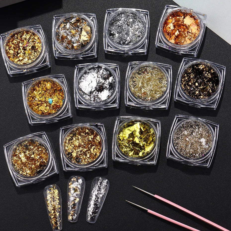 Gold Silver Holographic Nail Foil Flakes – 12pc Glitter Kit