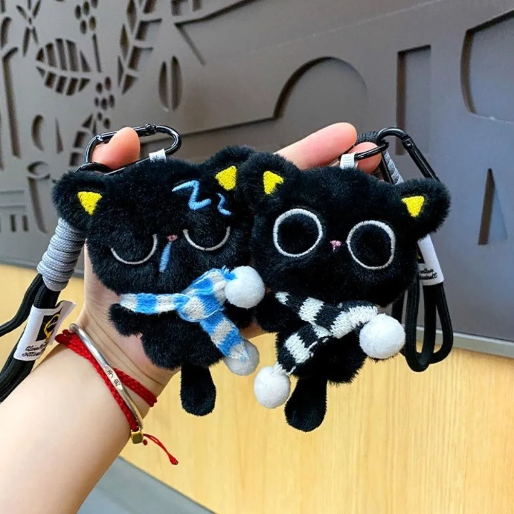 Sleepy Black Cat Plush Keychain | Soft Stuffed Bag Charm