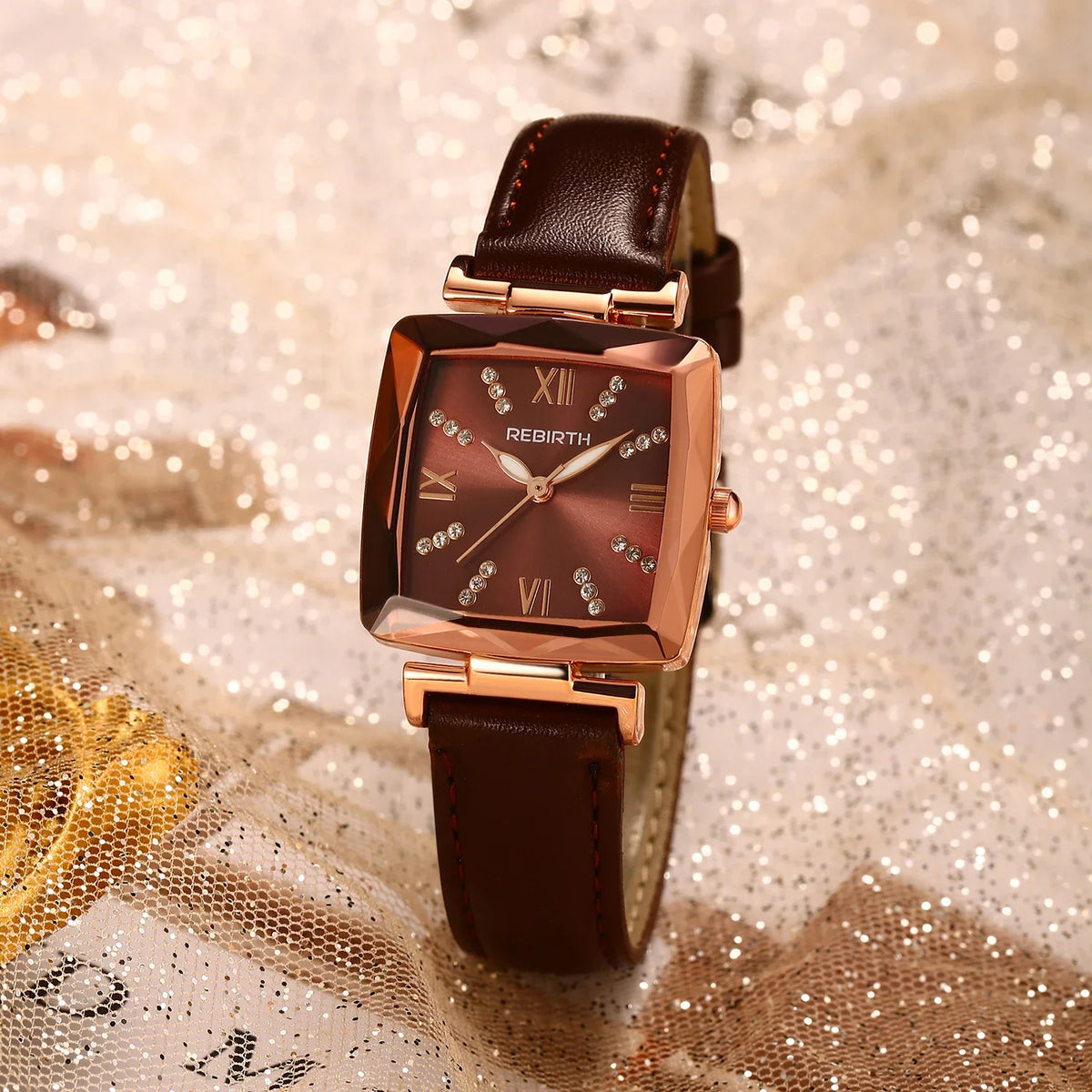 REBIRTH Square Women's Rhinestone Quartz Watch | Leather Band