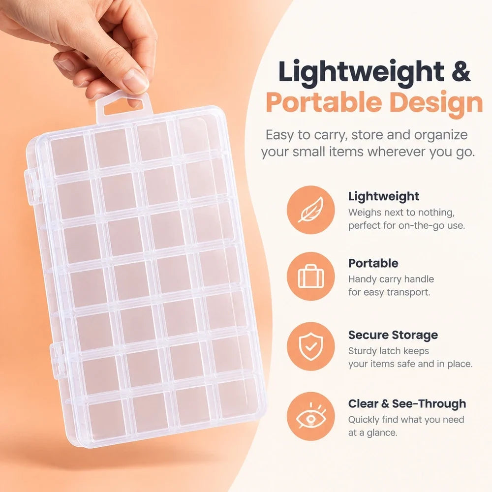 28-Cell Clear Plastic Storage Box with Dividers for Beads & Crafts