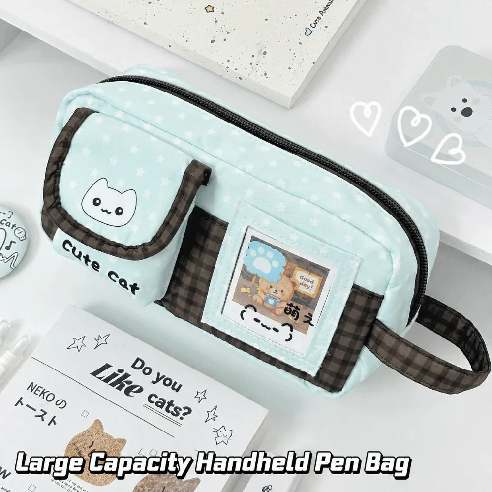 Mint Chocolate Cat Print Pencil Case – Large Capacity