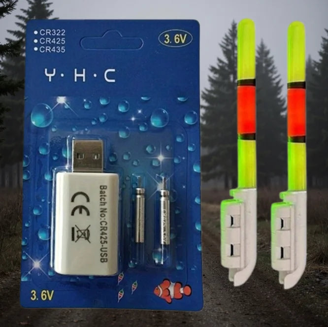 Night Fishing Float Set – 2 Bobbers + USB Charger & CR425 Batteries
