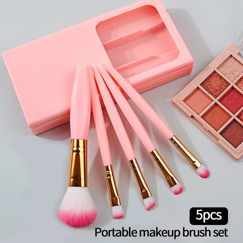5-Piece Mini Travel Makeup Brush Set with Mirror Storage Box