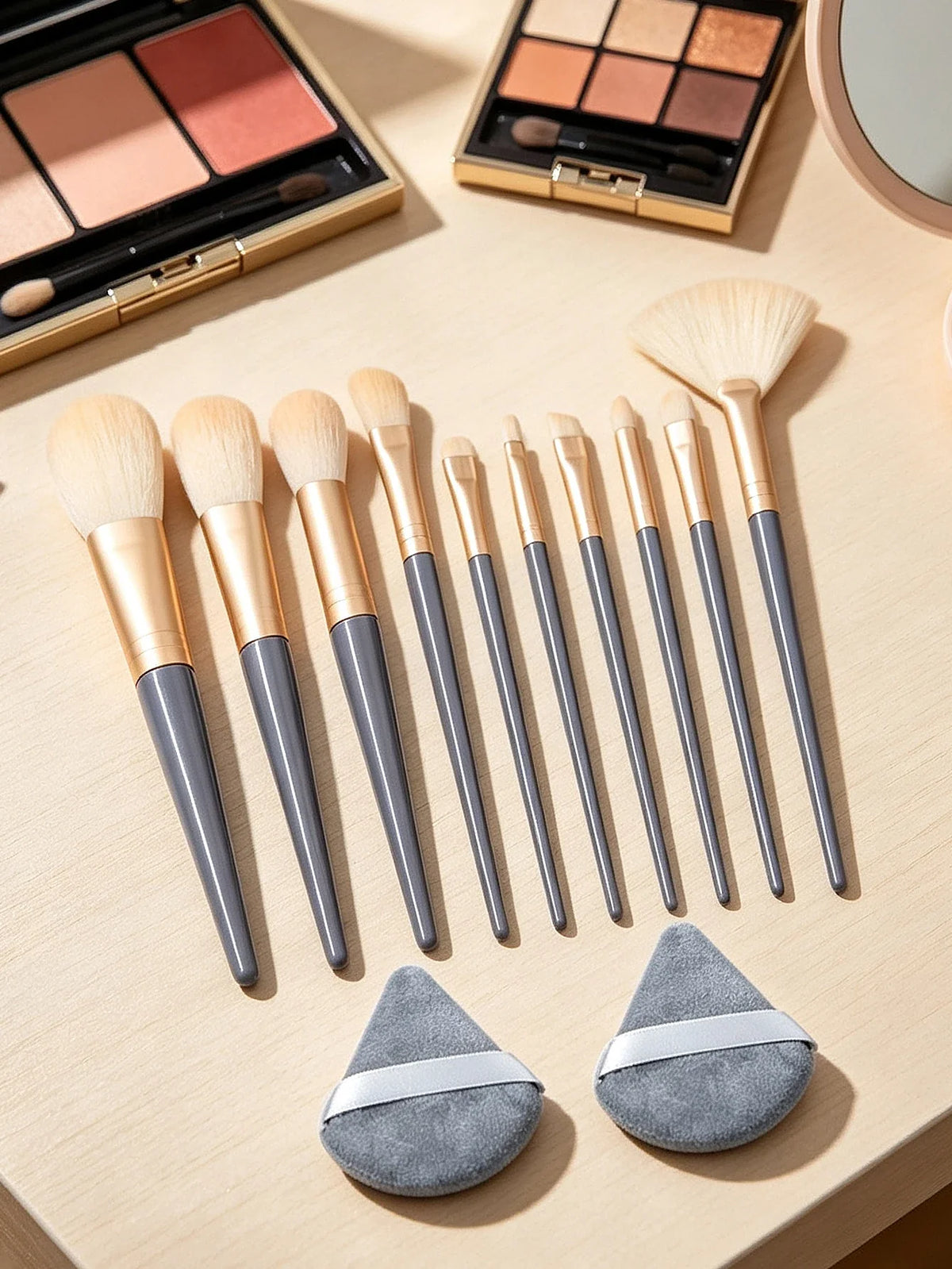 12Pc Professional Makeup Brush Set with 2 Triangle Puffs
