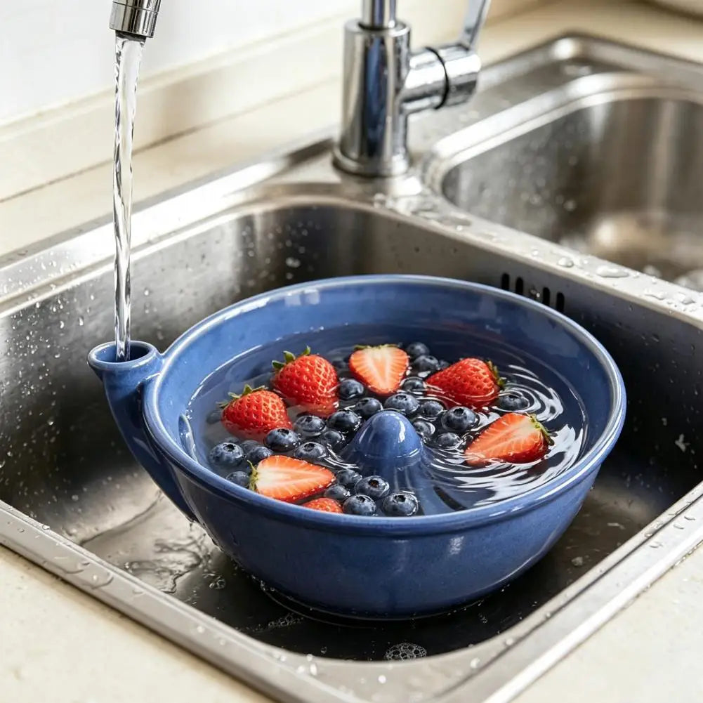 Ceramic Self-Spinning Berry Washing Bowl | 360° Vortex Drain