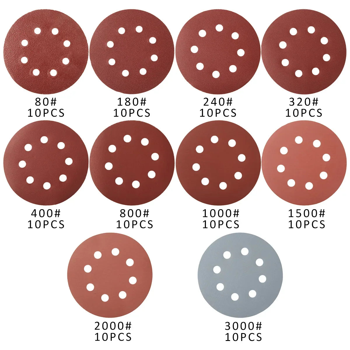 100Pcs 5" Hook & Loop Sanding Discs 80–3000 Grit | 8-Hole
