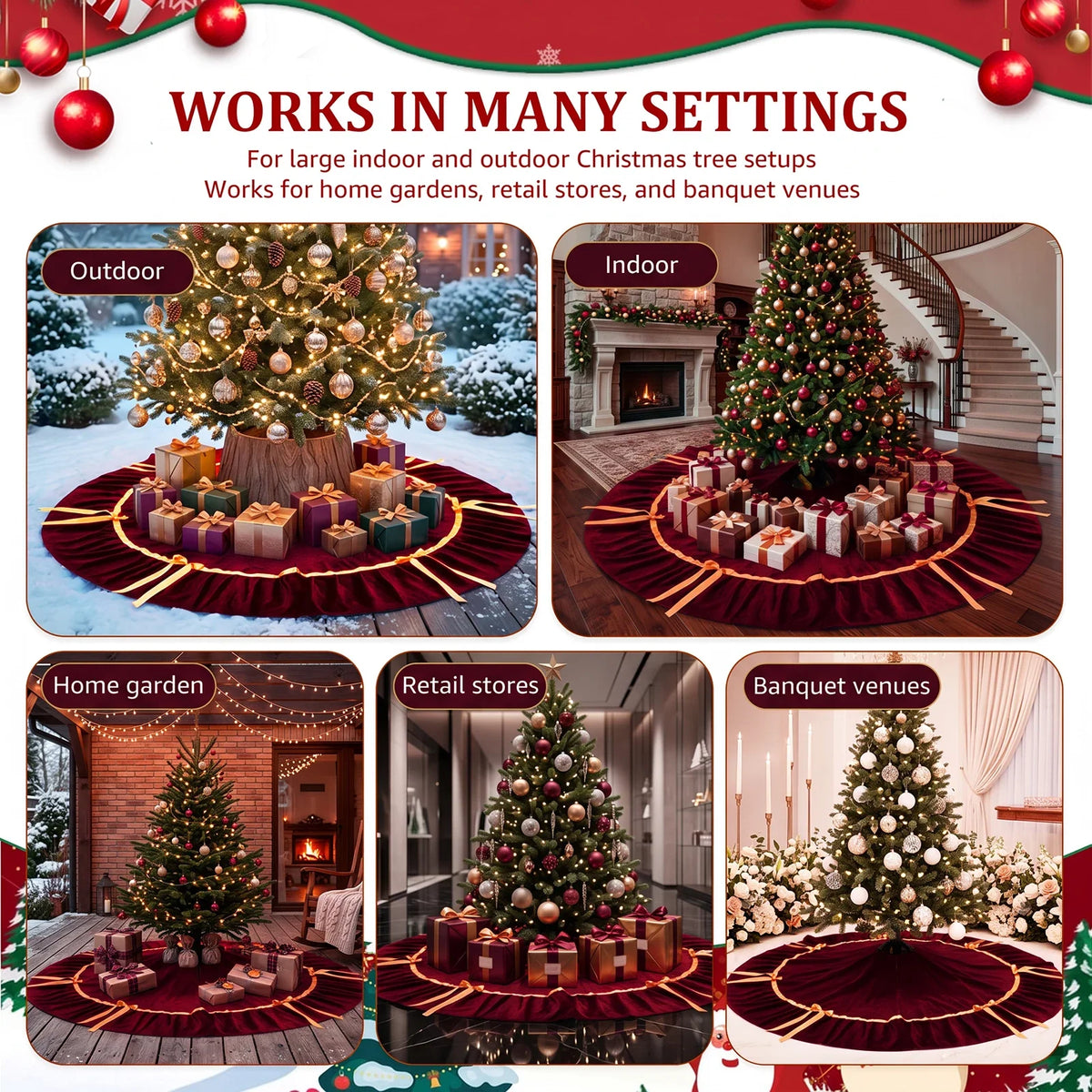 Large 84" Ruffled Velvet Christmas Tree Skirt – Indoor & Outdoor