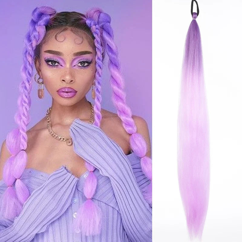 26" Synthetic Ponytail Extension Ombre Pink Purple Blue | Kanekalon