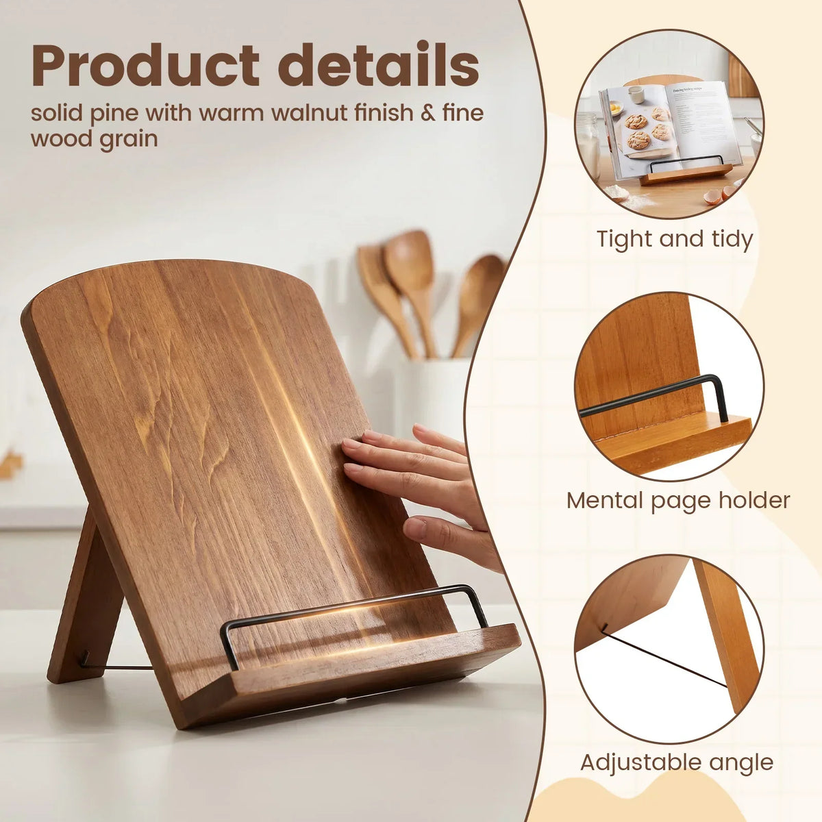 Wooden Adjustable Cookbook Stand – Kitchen Recipe Book Holder