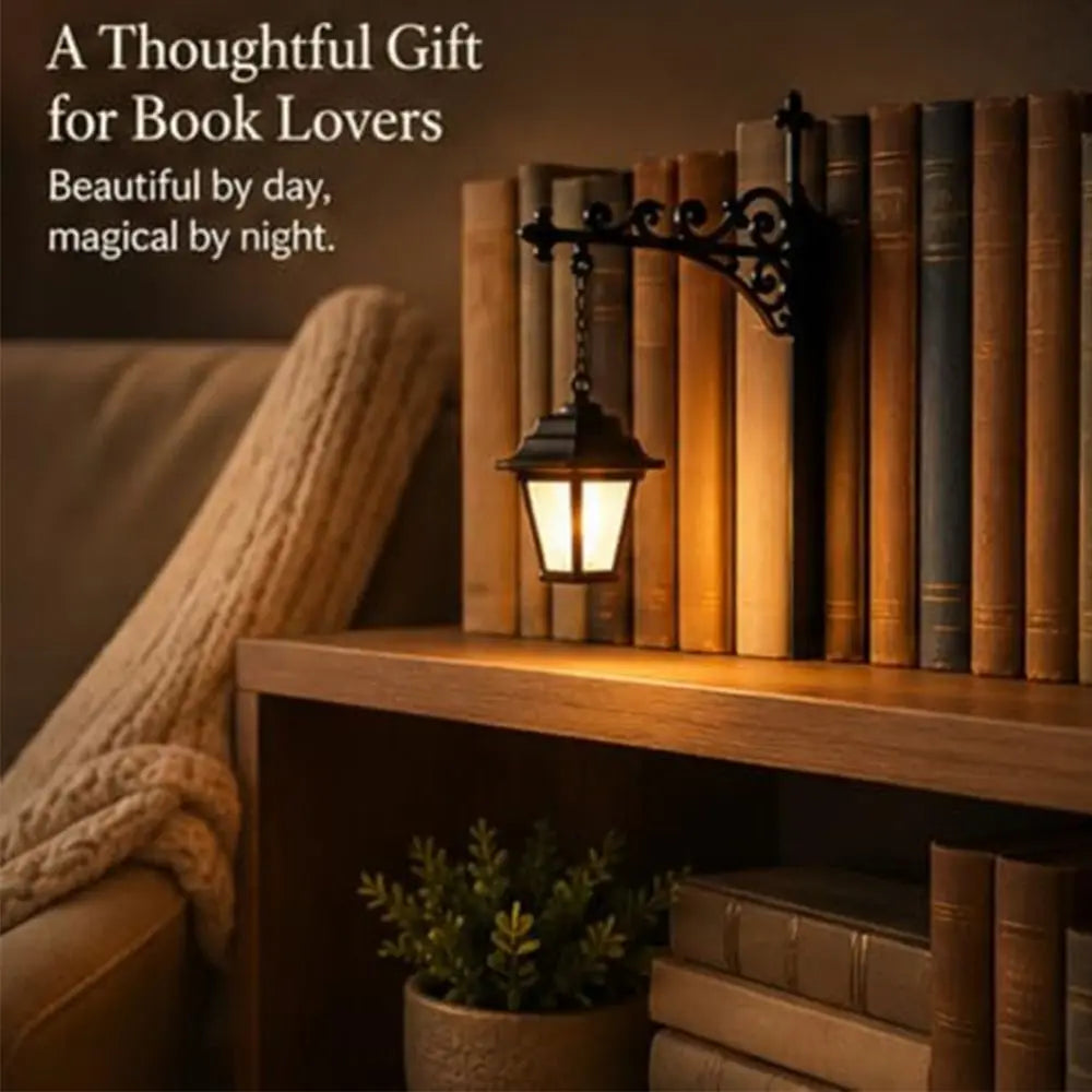 Warm LED Library Lantern – Vintage Black Bookshelf Night Light