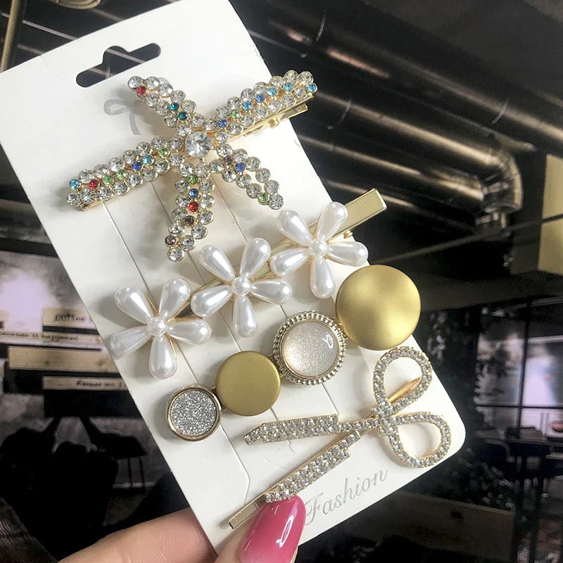 Pearl Crystal Hair Clips Set – Korean Geometric Barrettes