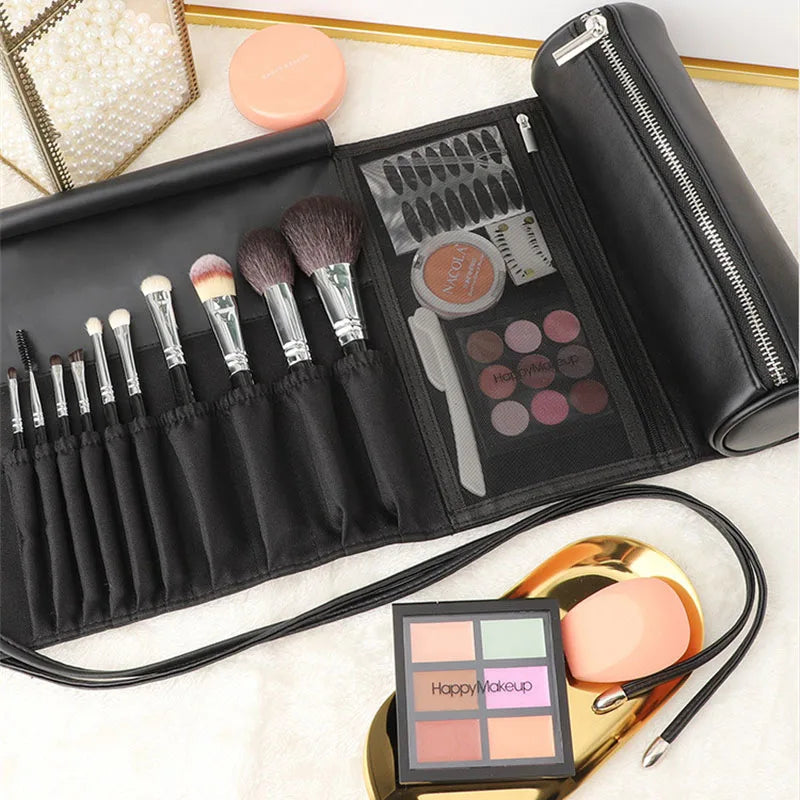 PU Leather Roll-Up Cylinder Makeup Brush Organizer Bag
