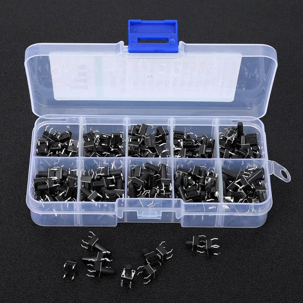 200PCS Tactile Push Button Switch Kit – 10 Values 6x6mm 4-Pin