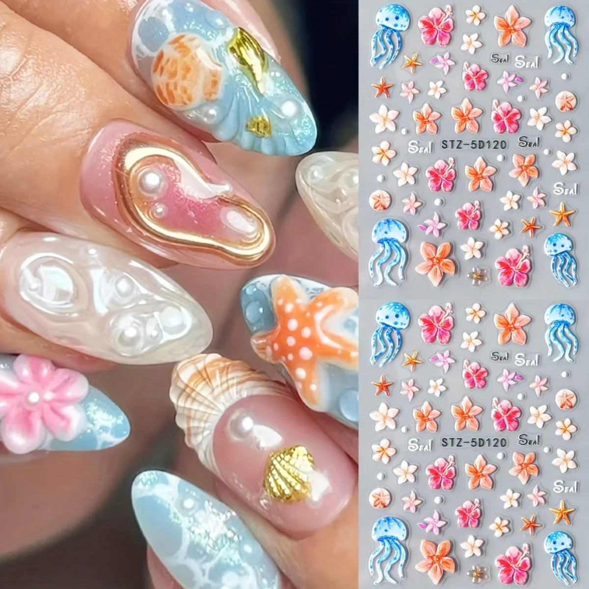 3D Ocean Beach Nail Stickers – Shells, Starfish & Floral Decals