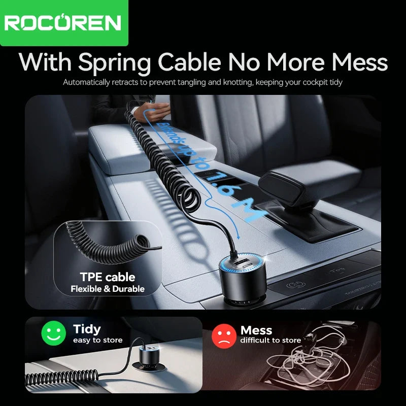 Rocoren 200W Car Charger PD 100W USB-C & Spring Cable