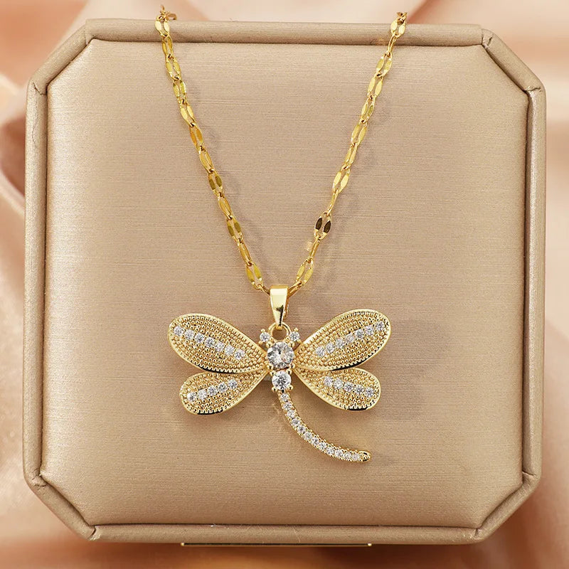 Zircon Dragonfly Pendant Necklace Gold Plated for Women