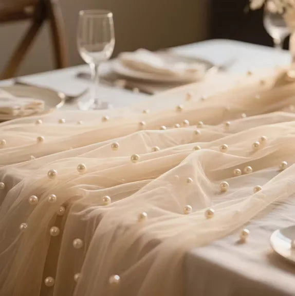 Pink Gauze Table Runner – Pearl Mesh Wedding & Party Decor