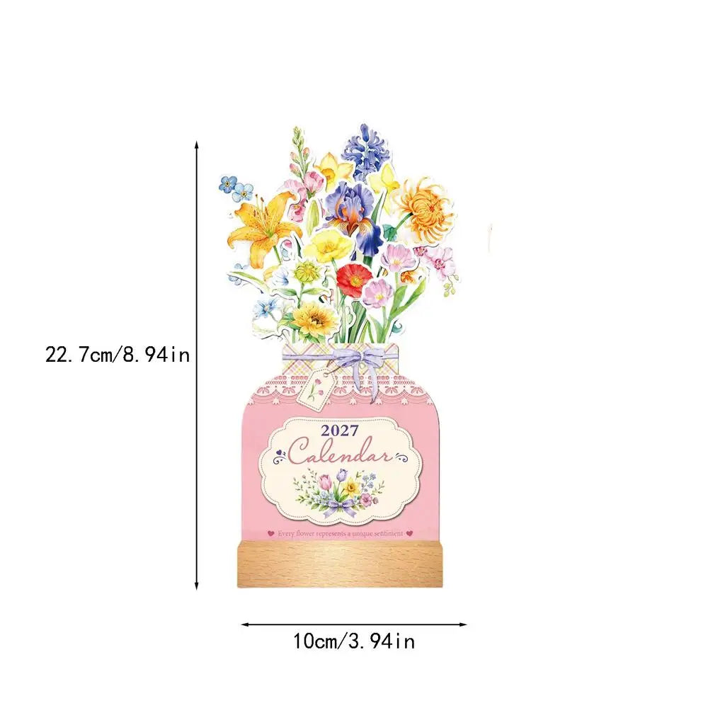2027 Floral Desk Calendar | Vase Shape Wooden Base Standing