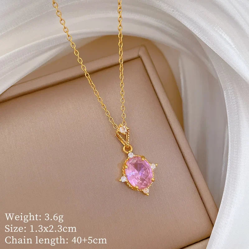 Women's Pink Zircon Pendant Gold Stainless Steel Necklace