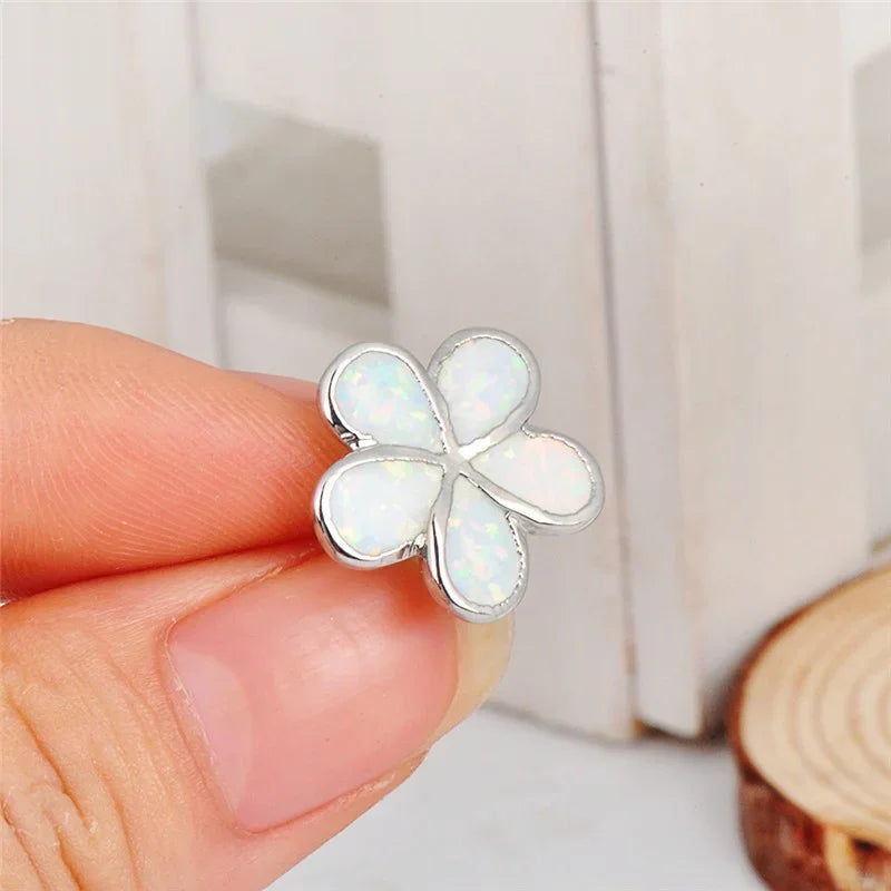 Red Simulated Opal Floral Stud Earrings – Silver Plated Women's
