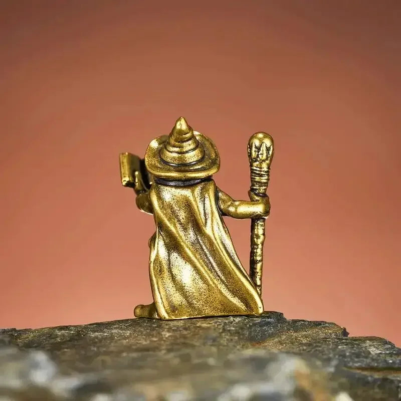 Vintage Brass Frog Wizard Statue – Magic Wand Figurine