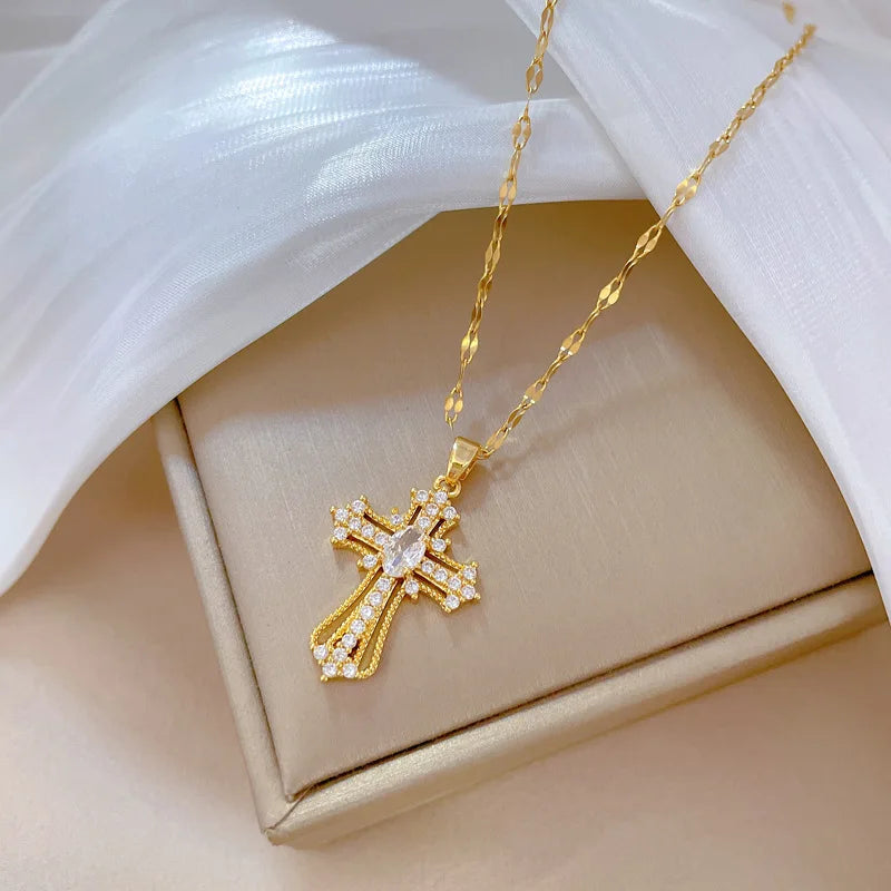 Women's Gold Cross Pendant Necklace – Stainless Steel Choker