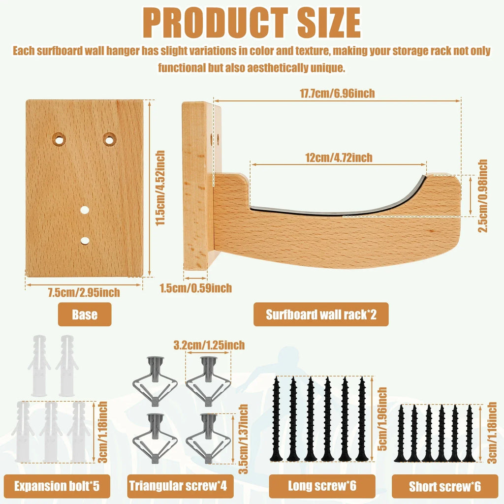 Wood Surfboard Wall Rack – Longboard Skateboard Snowboard Hanger