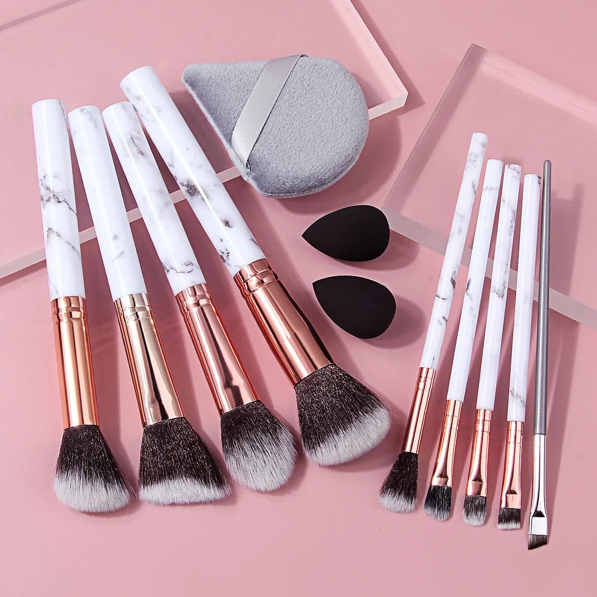 10Pcs Marble Makeup Brush Set with Sponge Puff – Full Kit