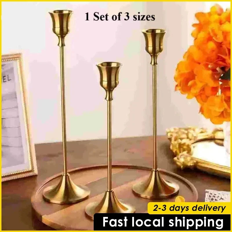3PCS Metal Taper Candle Holders Set – Antique Gold Candlesticks