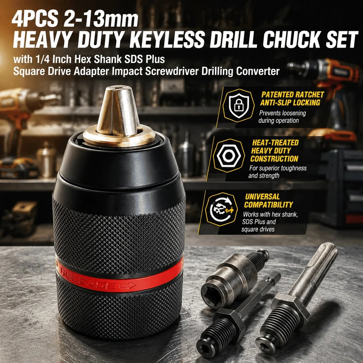 Keyless 13mm Drill Chuck Set – SDS Plus & Hex Shank Adapter