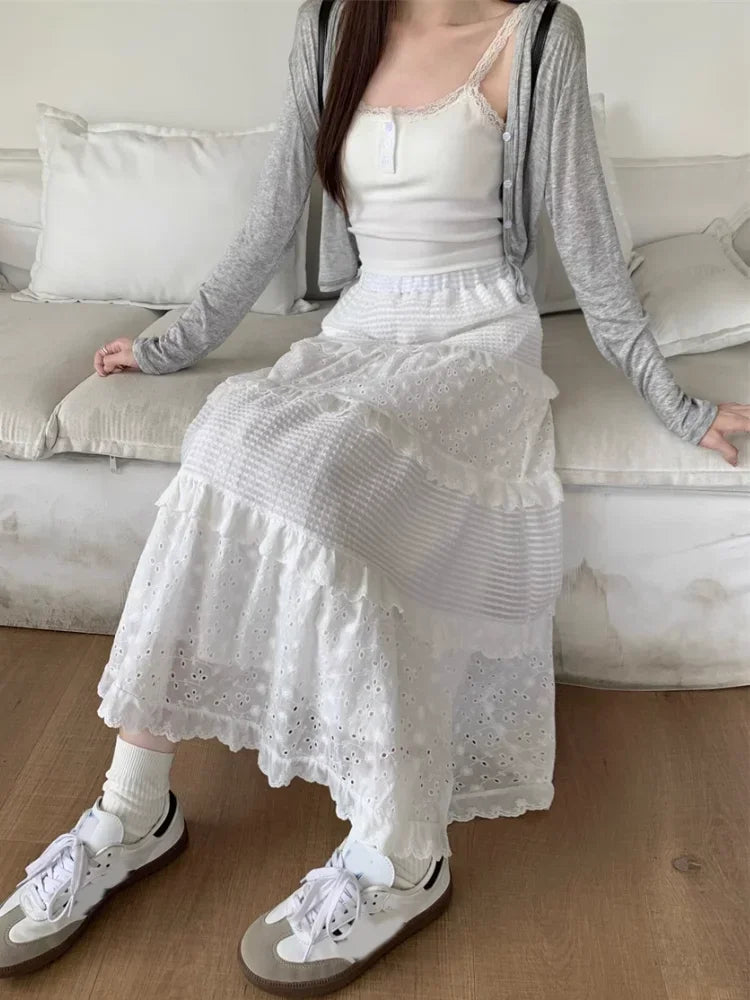 Women's White Lace Ruffle Midi Skirt | High Waist A-Line Ballet