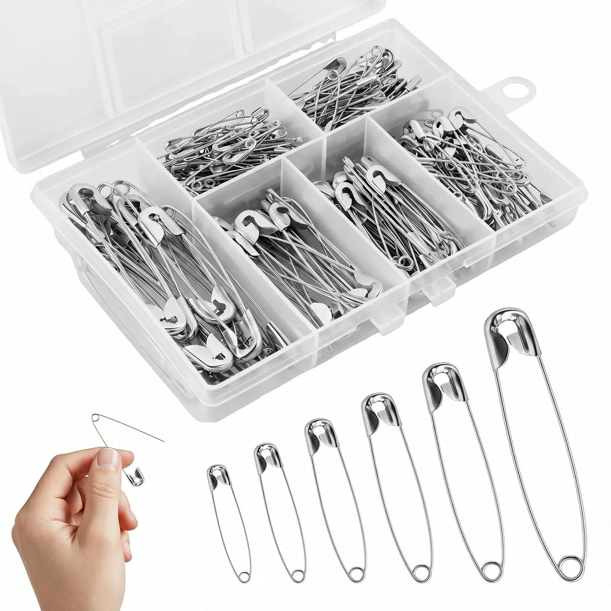 250Pcs Assorted Safety Pins Set – 6 Sizes, Rust Resistant