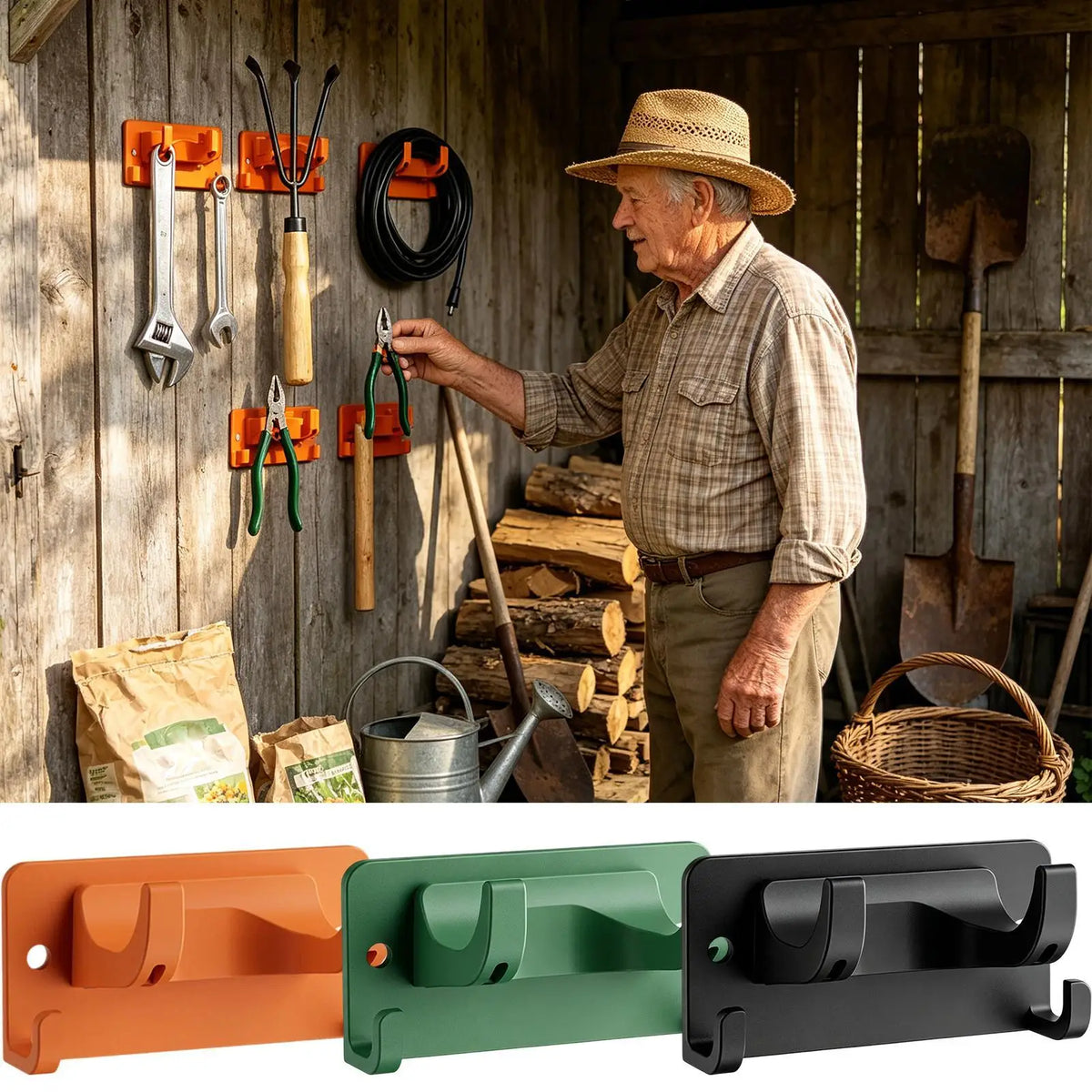 Wall Mount Garden Tool Organizer Hooks 1/3-Pack + Screws