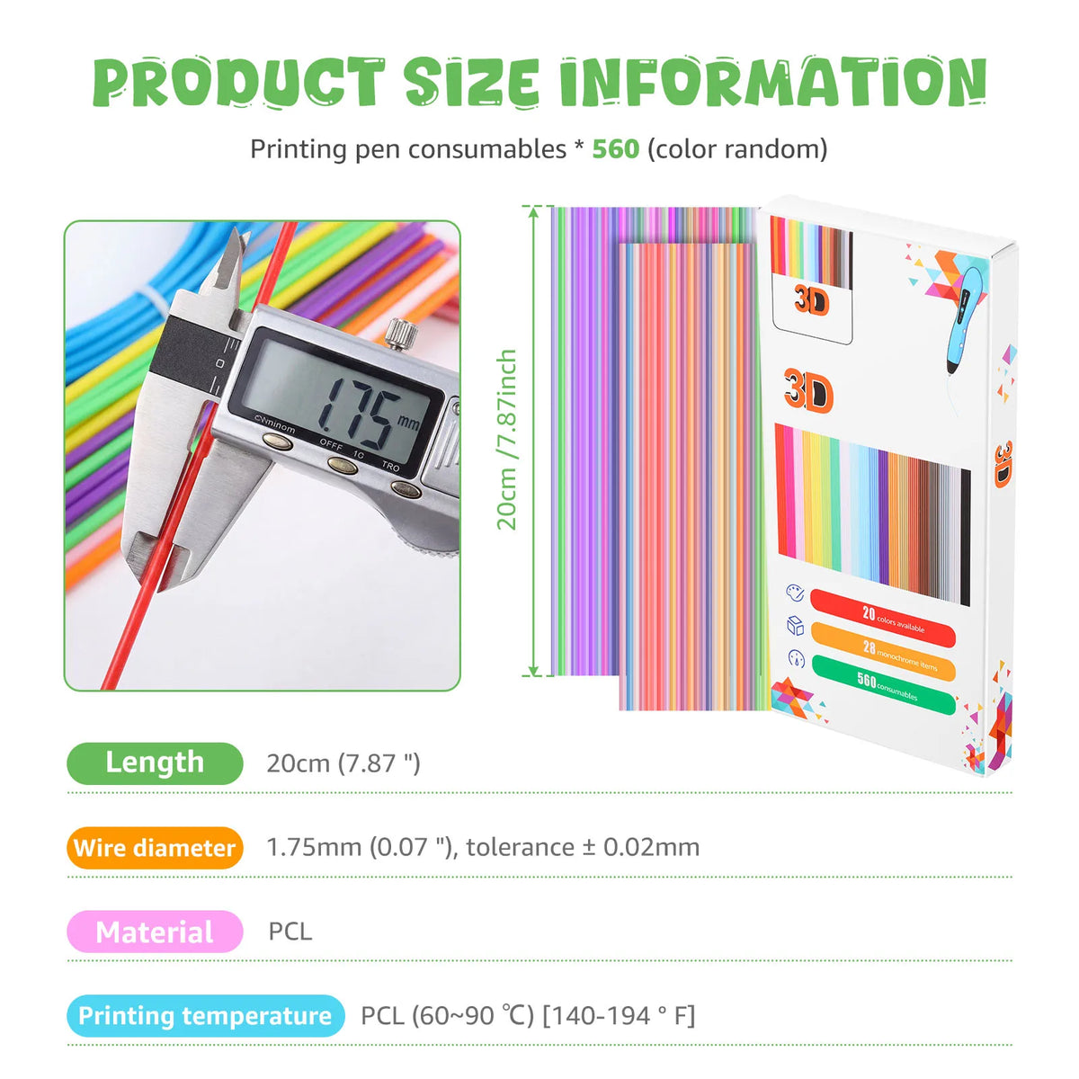 PCL 3D Pen Filament Refills 260/560Pcs – Low Temp, 10/20 Colors