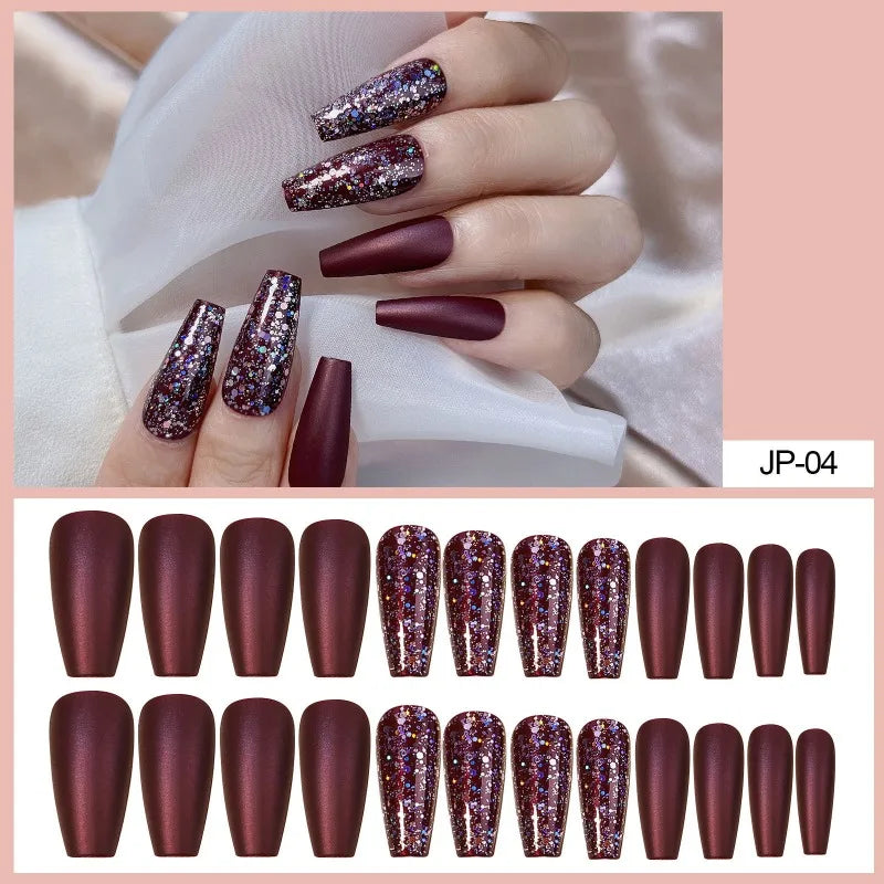 Wine Red Glitter Press-On Nails Crystal Finish L Size – 24 Pcs