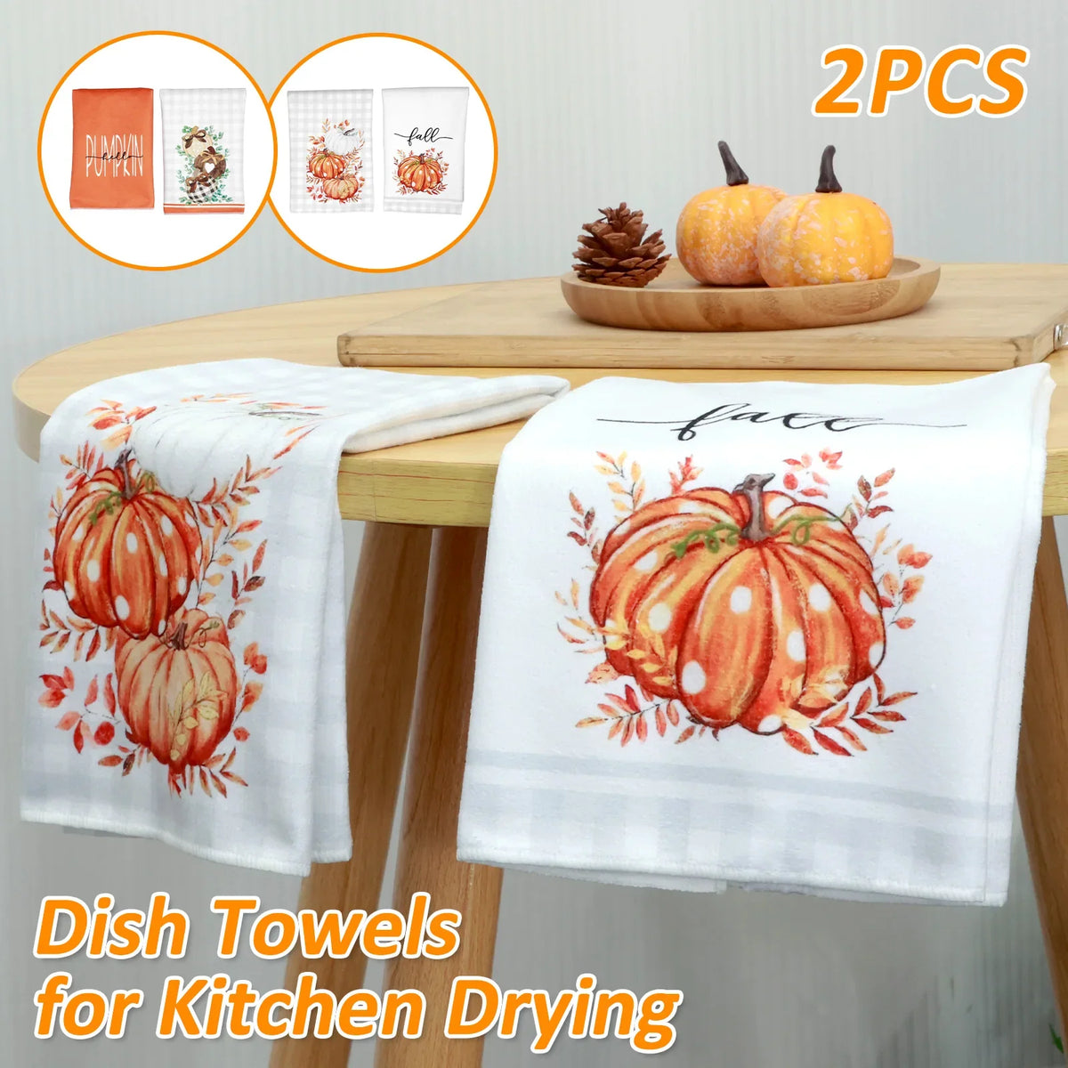 2-Pack Fall Pumpkin Microfiber Kitchen Dish Towels | Autumn