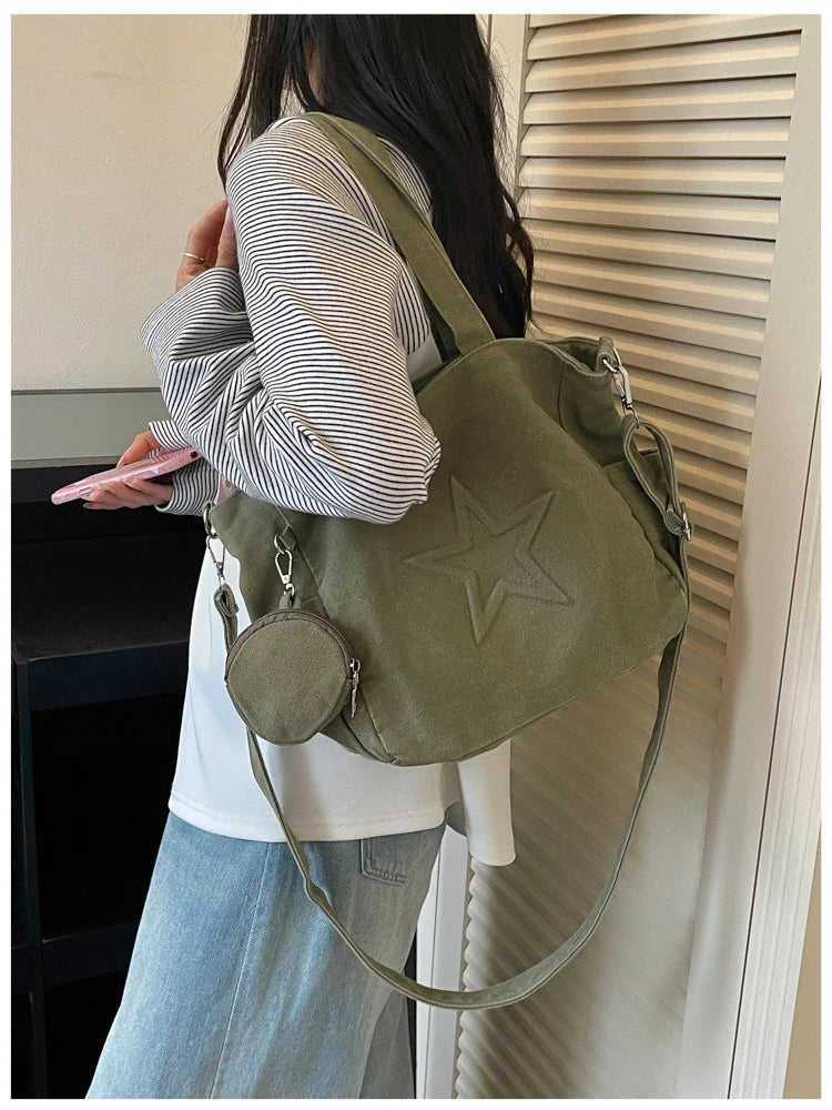 Korean Minimalist Canvas Tote Bag – Shoulder & Crossbody Handbag