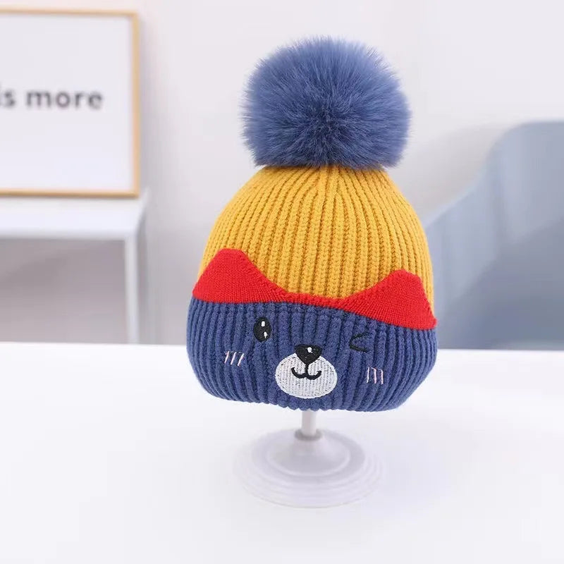 Soft Fluffy Baby Pompom Knit Hat – Cartoon Ear Protection Cap