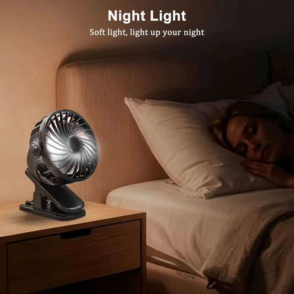 Portable USB Rechargeable Clip Fan – 360° Rotation & LED Light