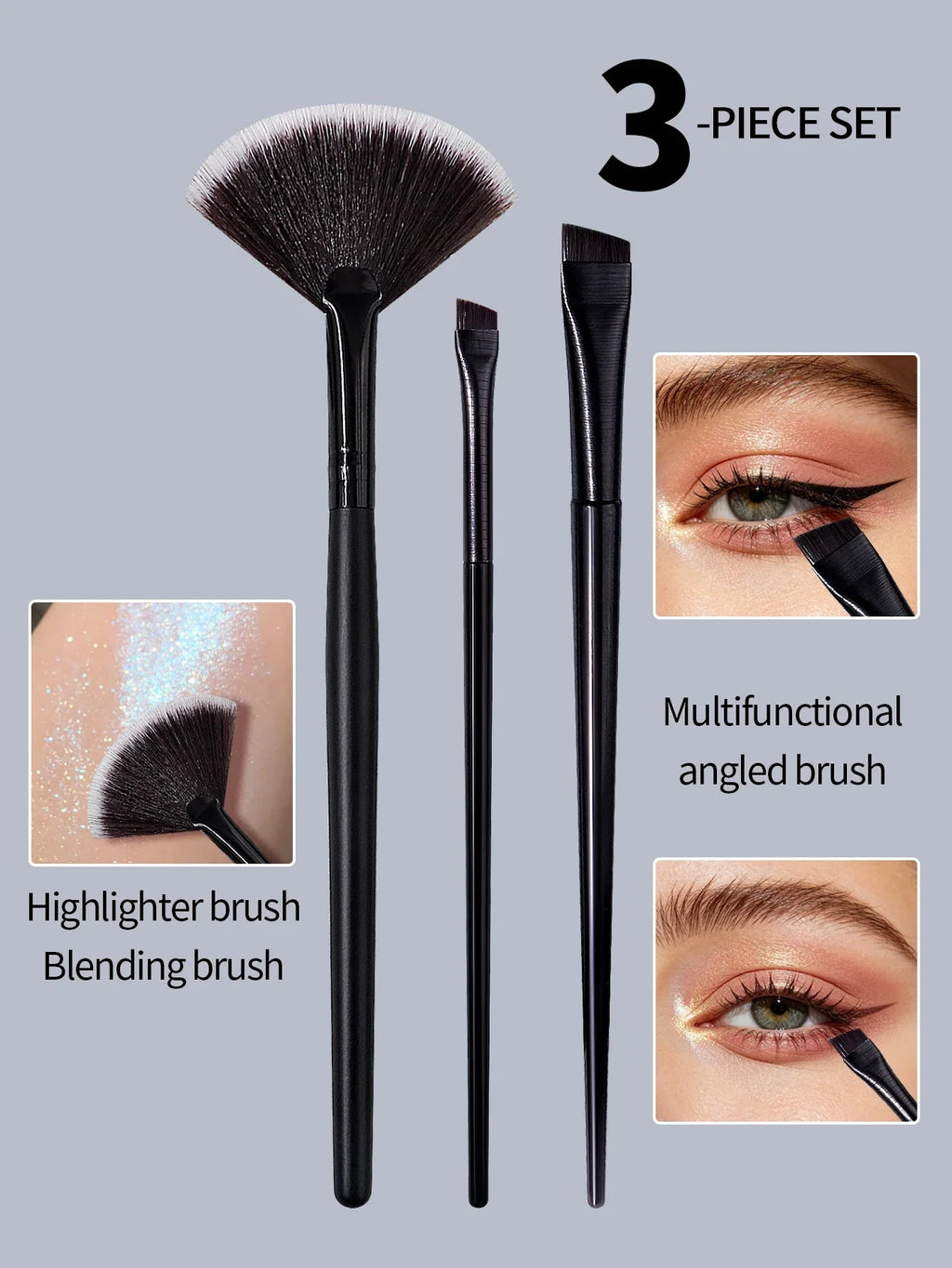 3-Piece Fan Highlighter & Angled Eyebrow Makeup Brush Set