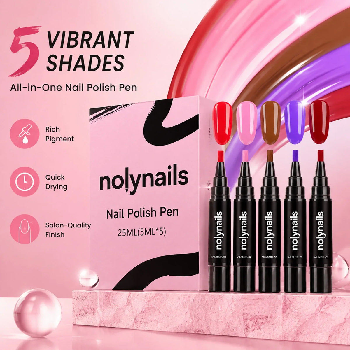 5-Color Gel Nail Polish Pen Set – Quick Dry, No UV Needed