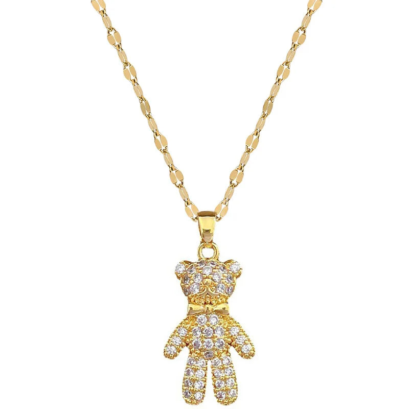 Butterfly Bow Bear Pendant Choker Necklace – Gold Stainless Steel