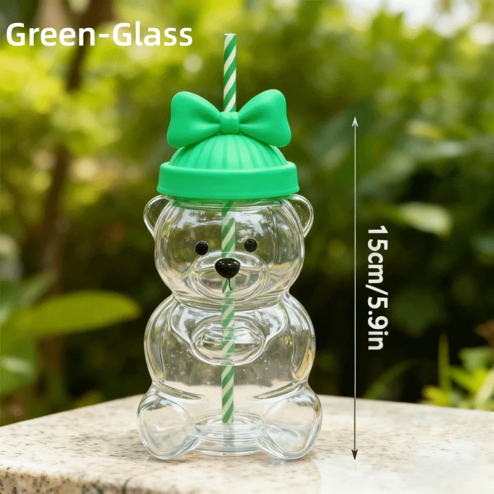 Teddy Bear Glass Cup with Lid & Straw – Large Capacity