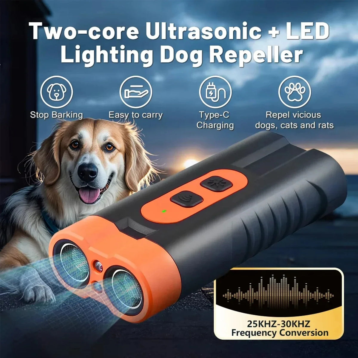 USB Rechargeable Dual Head Ultrasonic Dog Trainer + LED Flashlight