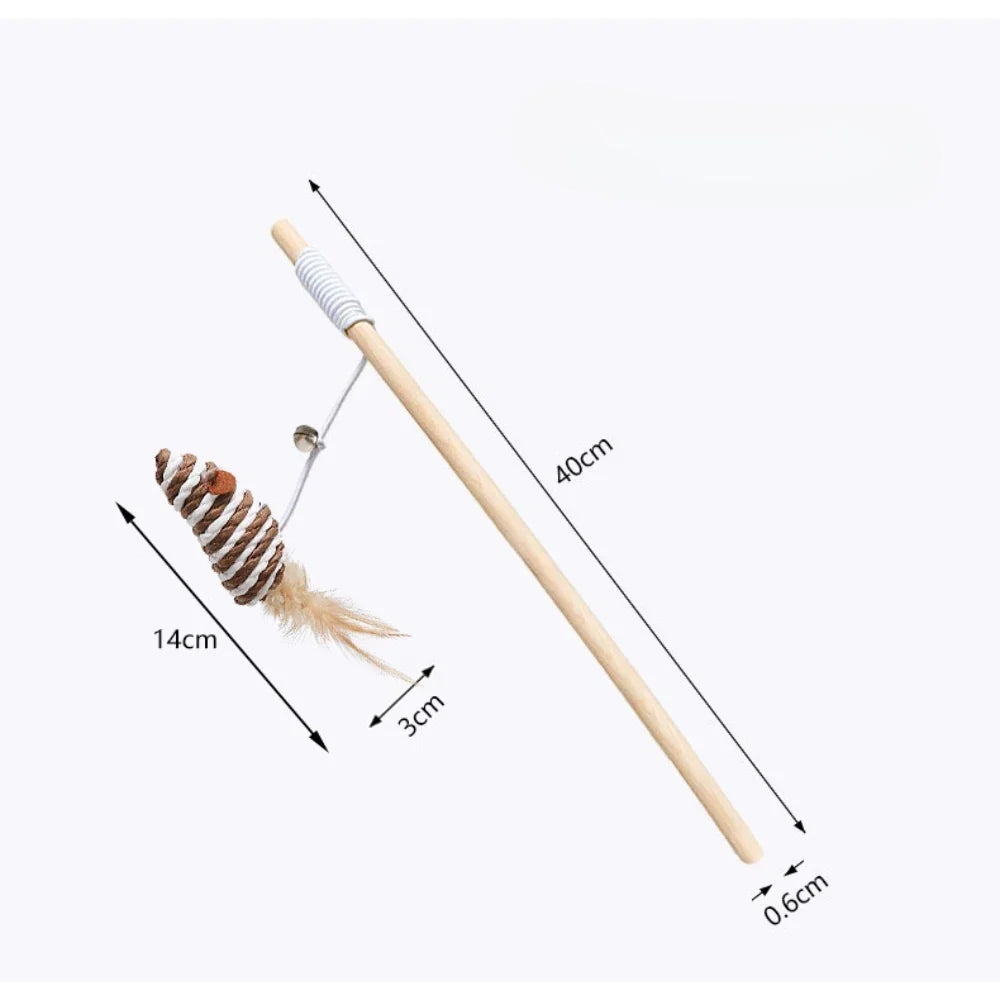 Wooden Handle Cat Teaser Wand – Feather, Bell & Elastic String