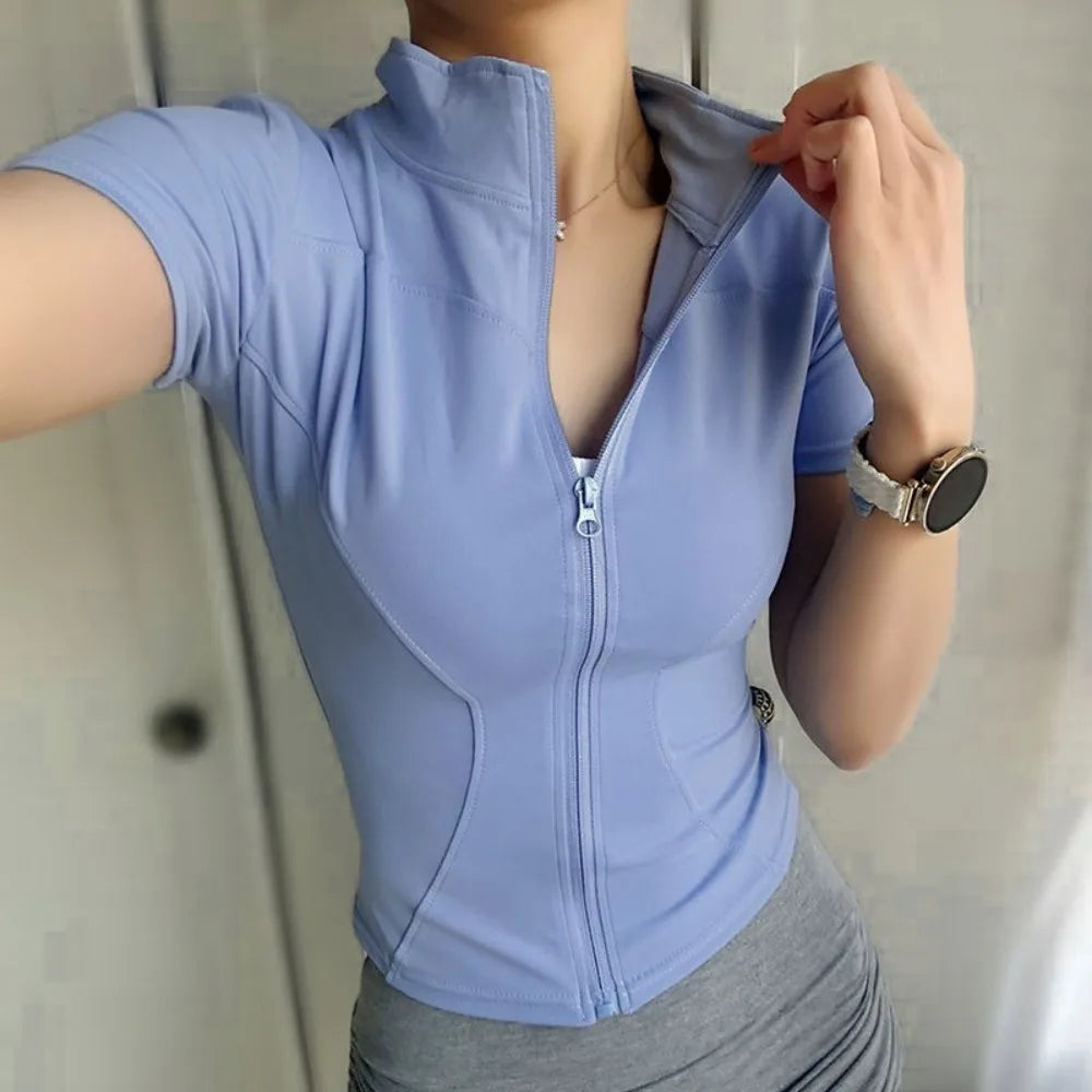 Women's Slim Fit Zip Front Short Sleeve Sports Workout Top