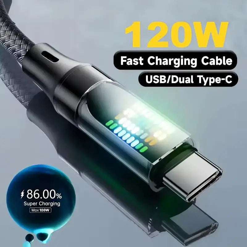 120W 6A USB-A to USB-C Fast Charging Cable | LED Display