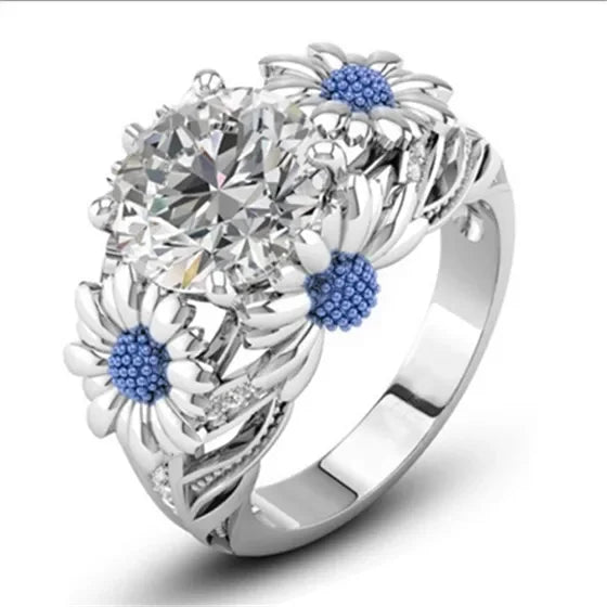 Women's Daisy Zircon Silver Ring | Light Blue White | Sizes 6–10
