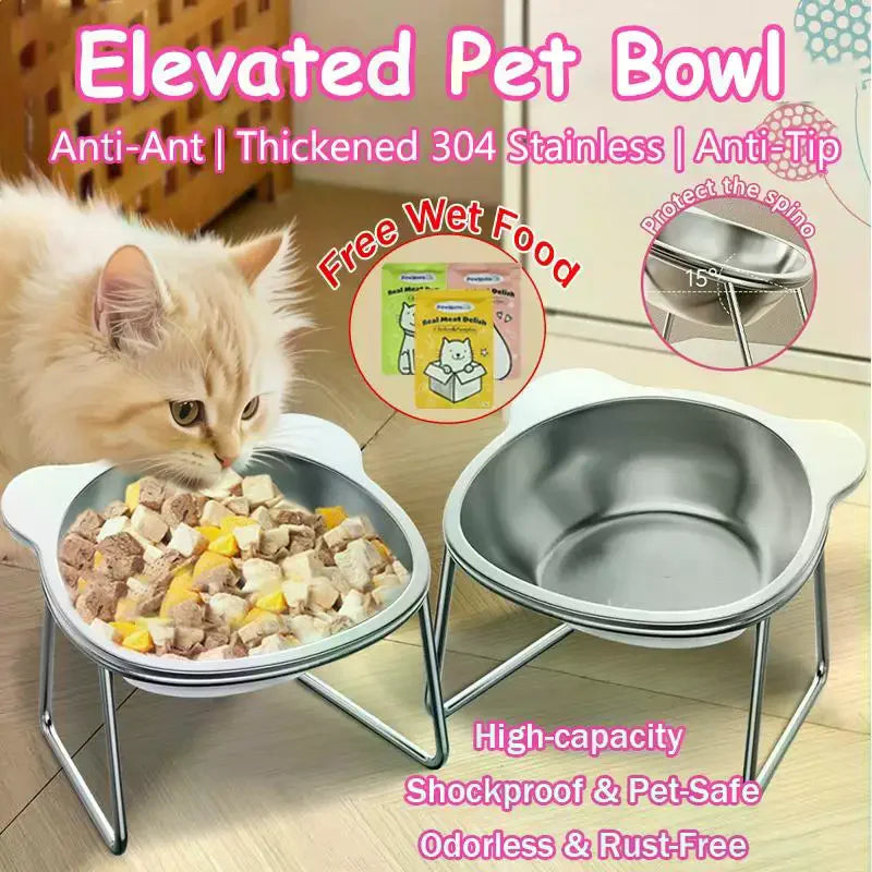 Stainless Steel Pet Bowl for Cats & Dogs | Elevated Neck Support